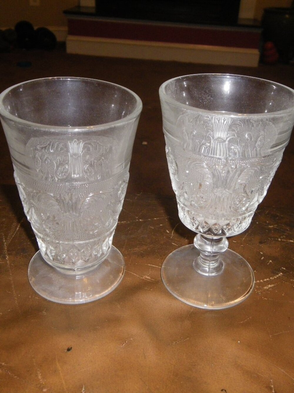 2 Vintage Thick Pressed Glass Ornate Vases / Goblets